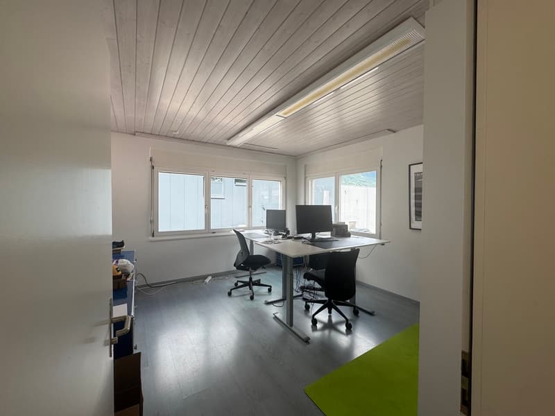 Office with desk, 2 computer monitors, 2 black chairs, wooden floor, white walls, windows, green rug, picture frame