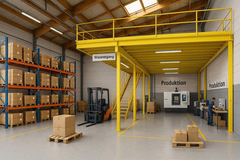 Warehouse with large racks of brown boxes, yellow stairs, yellow ground floor, machinery equipment, forklift