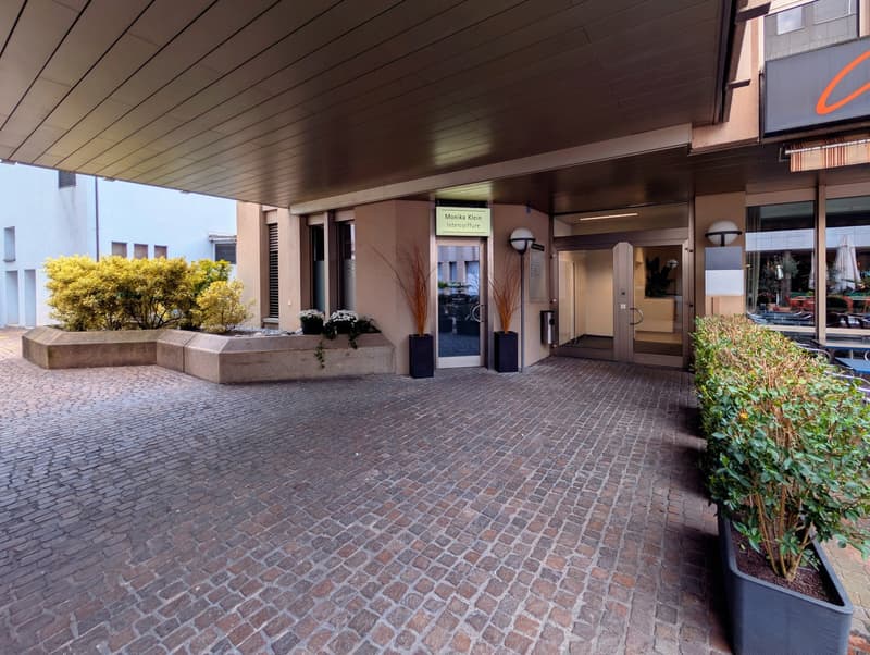 Brick paved entrance, modern building, plants, lamps, Monika Klein Intercoiffure sign