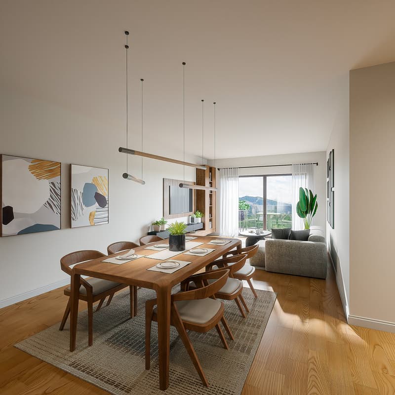 Dining room with table and chairs, carpet, modern design, white walls, ceiling lights, glass doors, couch, plant, view
