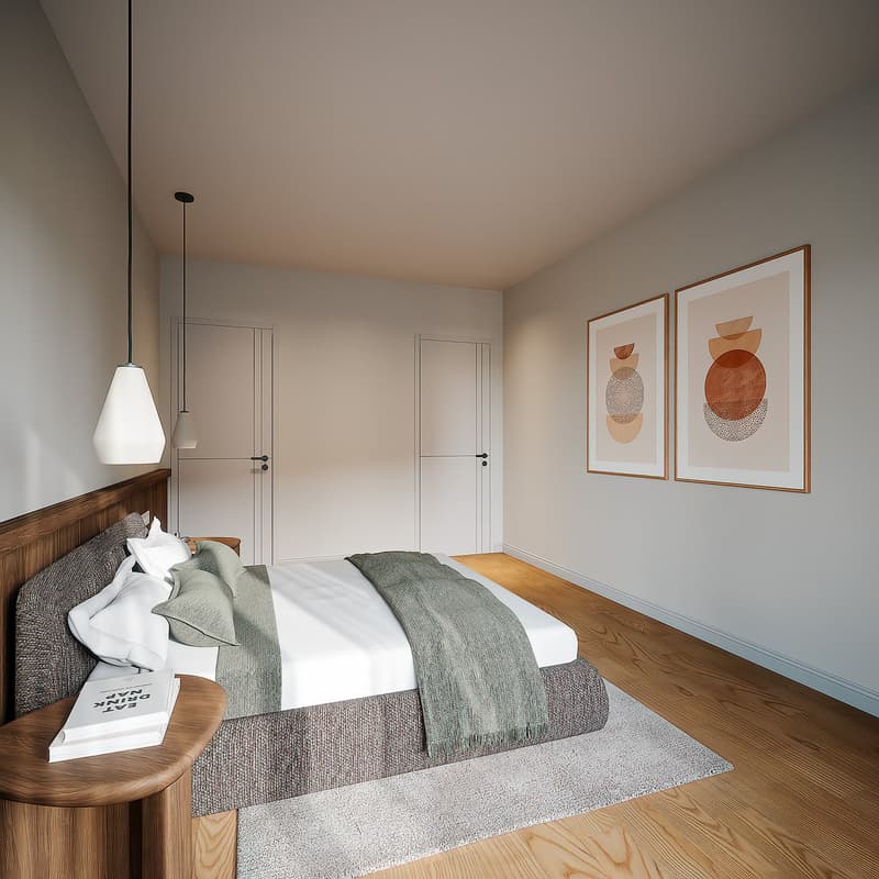 Bedroom with bed, nightstand, rug, and two framed pictures on the wall