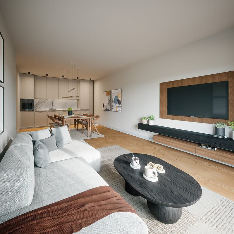modern living room with gray sofa, wooden coffee table, flat screen TV, dining table, kitchen, wooden floor