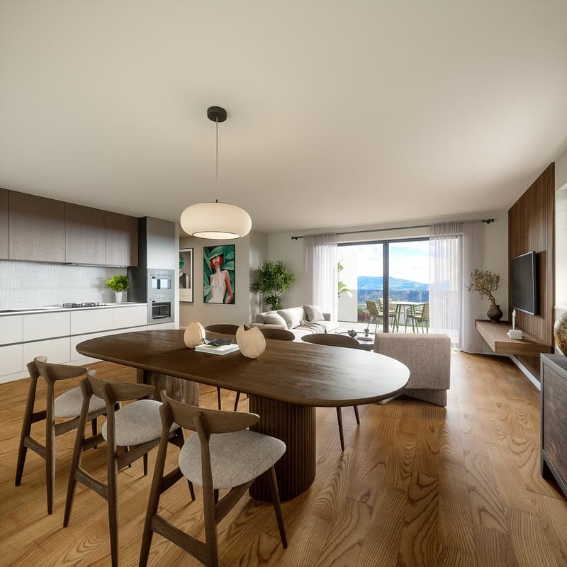 Open plan living and dining area with large windows, wooden floor, modern furniture, kitchen with appliances, artwork on the wall, and a balcony with outdoor furniture.