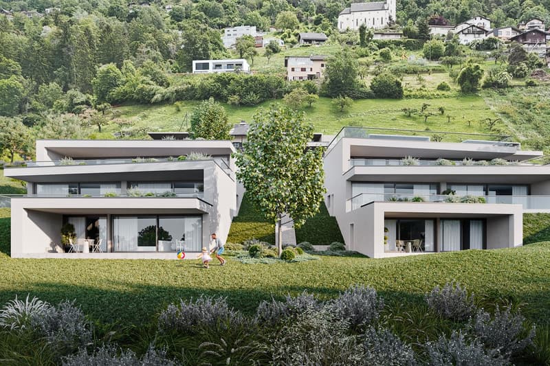 Modern two-story house, white exterior, large windows, terrace, surrounded by greenery
