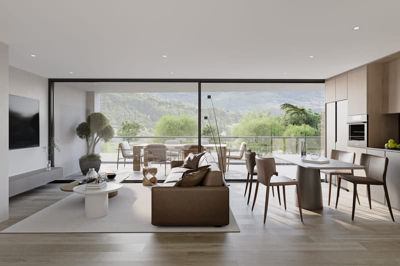 modern living room with large windows, balcony, brown sofa, dining table, TV, wooden floor
