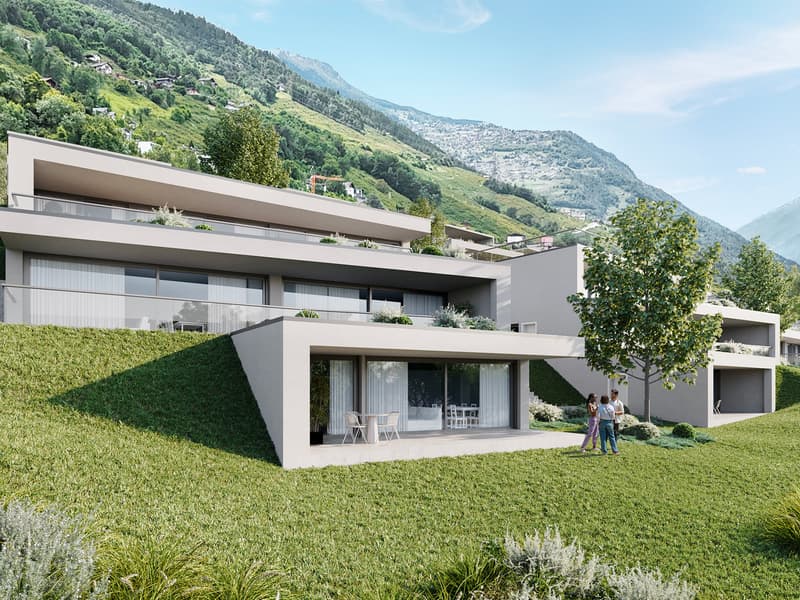 Modern house, raised ground floor, balcony, terrace, mountain view