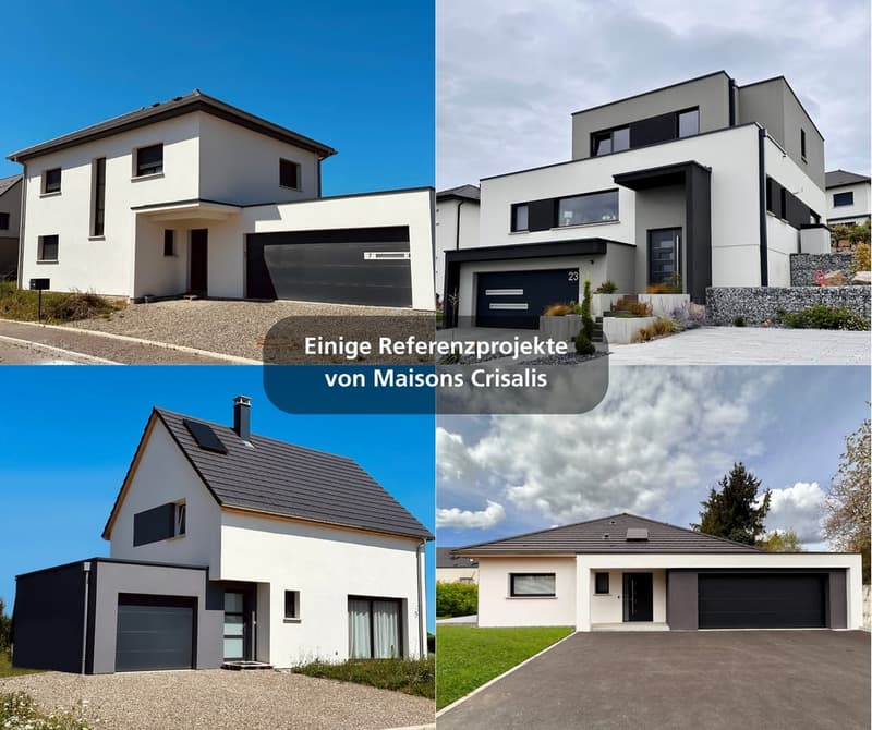 Different designs of modern houses with garages, gardens, and driveways