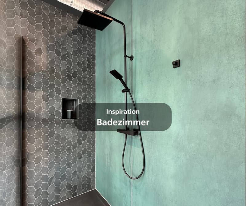 Bathroom with shower, hexagonal tile wall, black shower head