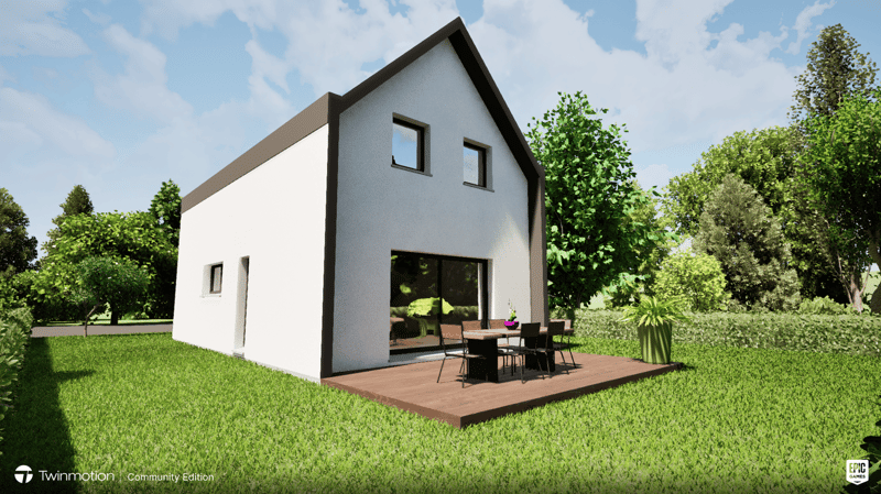 2-story modern house with white exterior, black trim, large windows, wooden deck, and surrounded by lush greenery