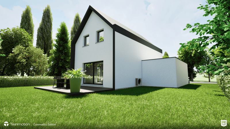 2-story modern house with white exterior, black trim, large windows, surrounded by trees and greenery, with a patio or terrace and a parking area on the side.
