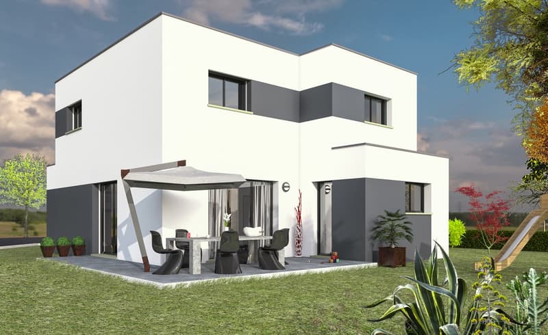 Two-story modern white house with gray accents, large windows, covered patio area with outdoor furniture, and a parking space on the property