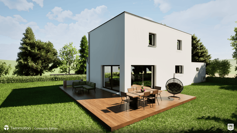 Modern white house, glass windows, wooden deck, furniture, open balcony, green garden
