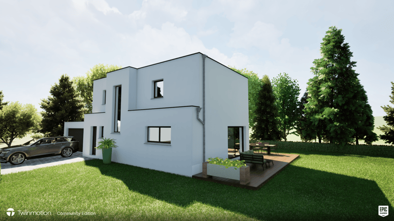 Two story house, white exterior, large windows, garage, balcony, wooden deck, patio, trees, grass.