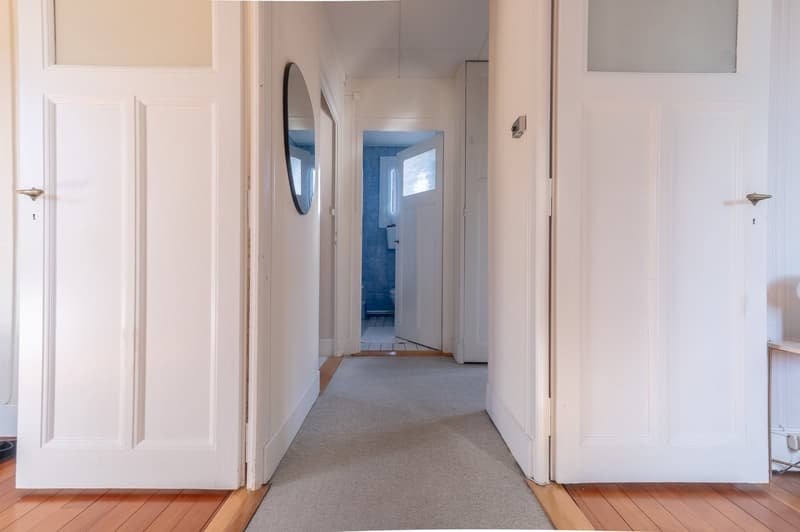 Entrance hallway with white doors, carpeted floor, mirror on wall, and open doorways leading to the toilet and living room