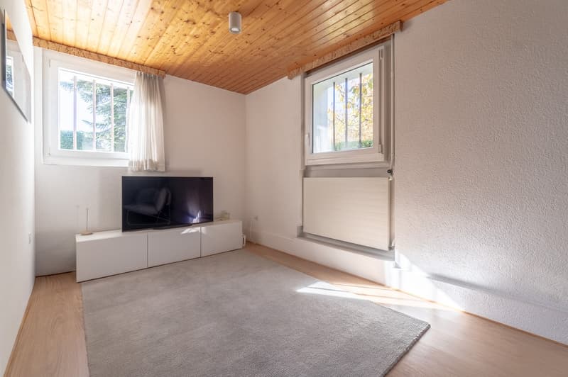 living room with a TV, a rug, and a white cabinet