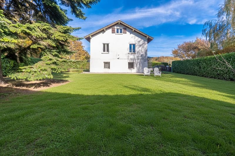 Detached house in a green environment, surrounded by trees and bushes, surrounded by grass. A pathway leading to the front door. Two white lounge chairs in the front garden. The weather seems pleasant and sunny.