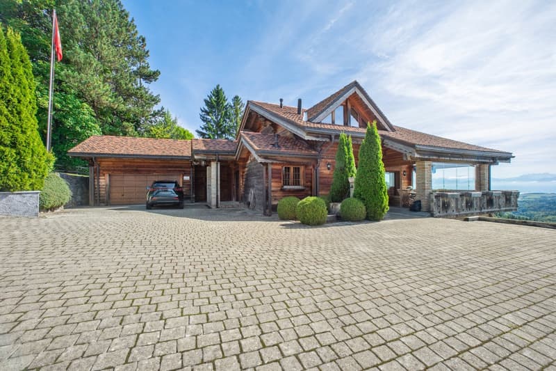 two-story wooden house with brick and glass accents, garage, car parked in front, brick driveway, surrounded by greenery and trees, beautiful view