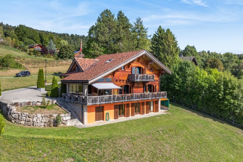 Modern chalet-style house with wooden exterior, two-story with a balcony, surrounded by a green grassy area, driveway leading to the entrance.