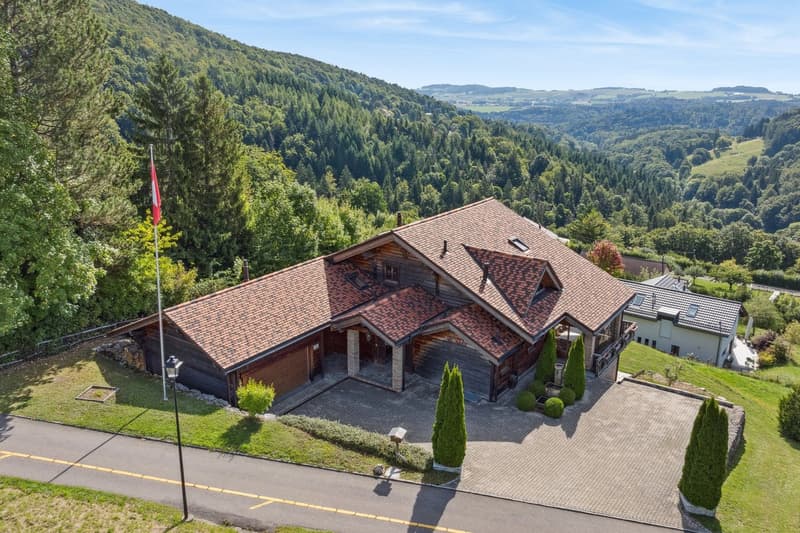 detached house, brick roof, wooden walls, garage, driveway, garden