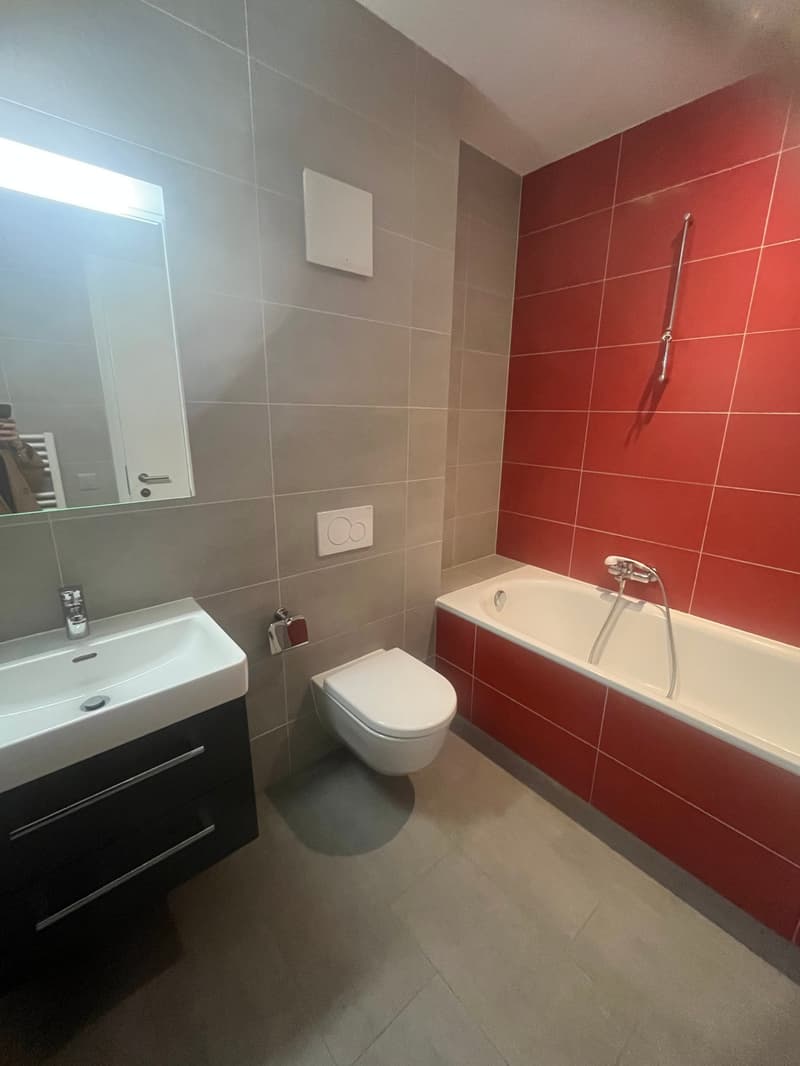 Bathroom with white sink, white toilet, white bathtub, red tiles, mirror, and towel rack