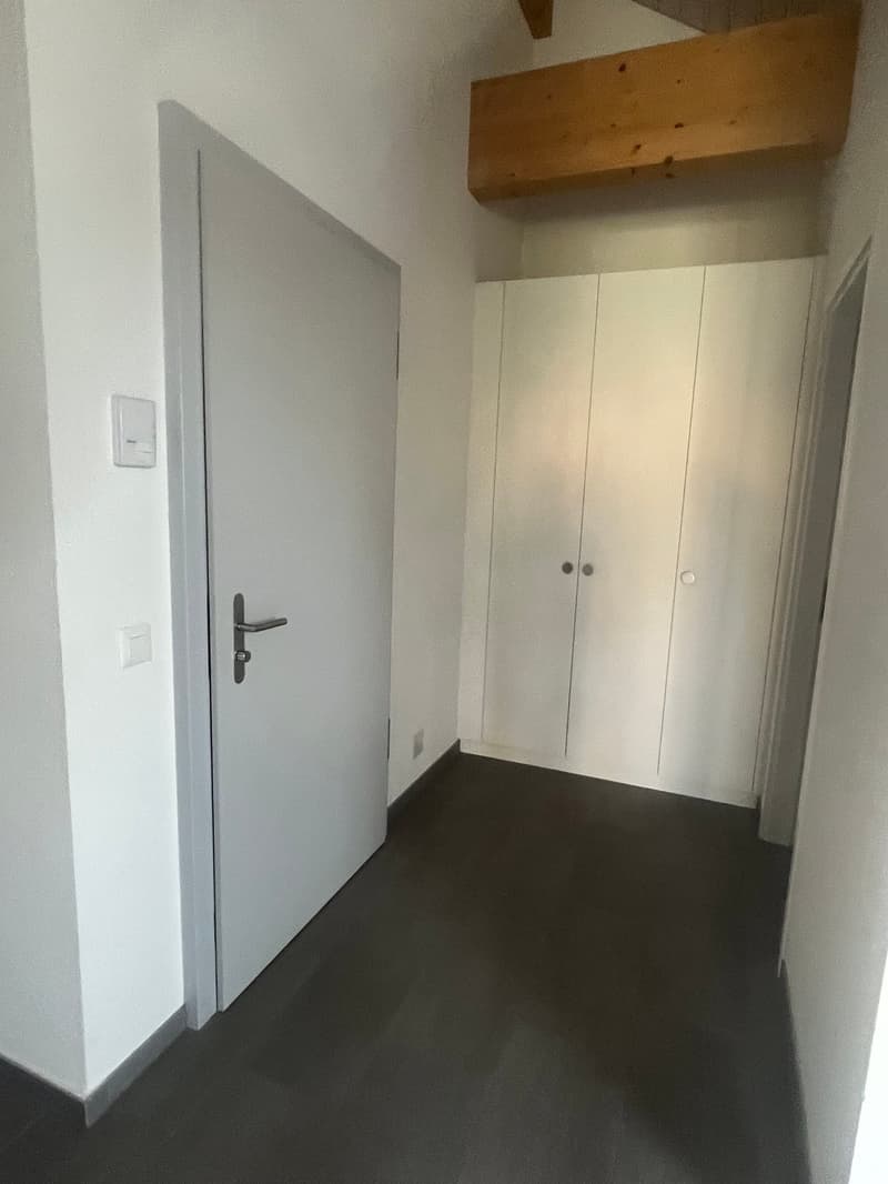 Empty room with white walls, gray floor, white door, white built-in wardrobes, wooden beam on the ceiling