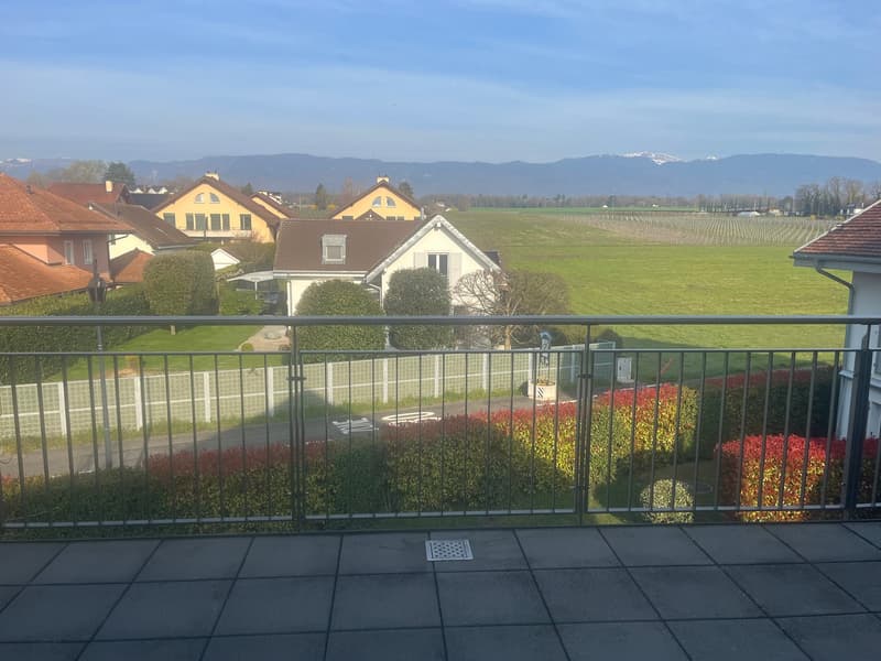 Metal railing, tiled floor, view of houses and mountains