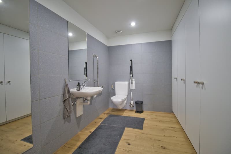 Bathroom with white sink, mirror, toilet, and wooden floor
