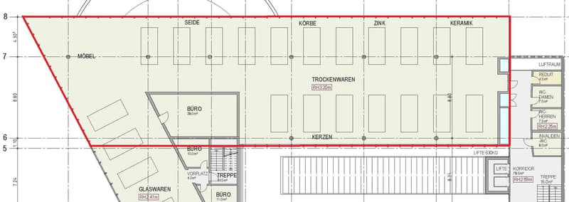 Office space floor plan, with multiple rooms such as Büro (office), Treppen (stairs), and Keller (basement). Features include separate storage and meeting areas.