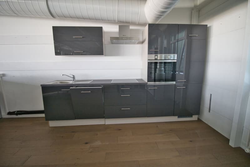 modern kitchen with gray cabinets, stainless steel sink, oven, and dishwasher