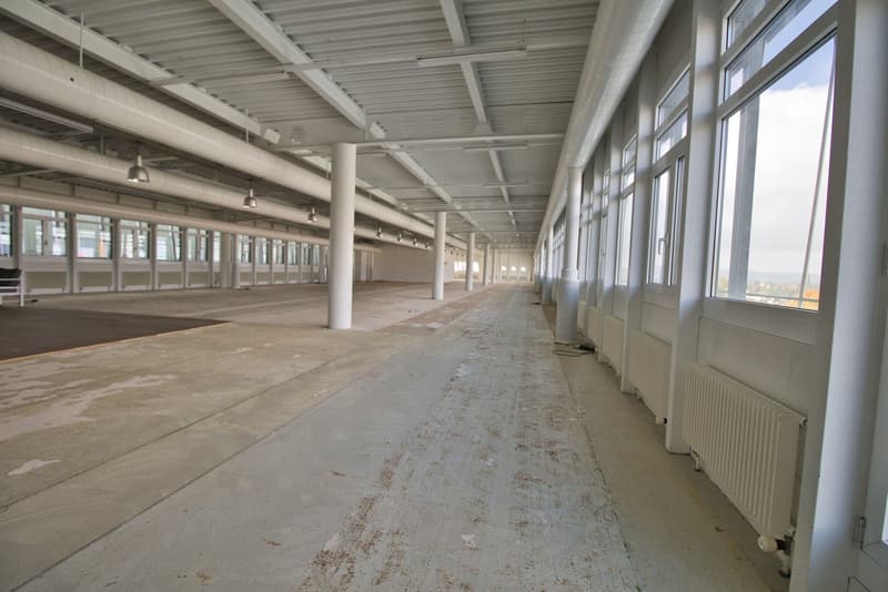 Empty building with concrete floor, white walls, large windows, metal beams, and pipes on the ceiling