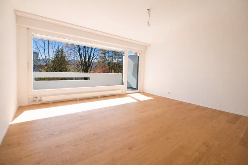 empty room, wooden floor, large windows, balcony, white walls