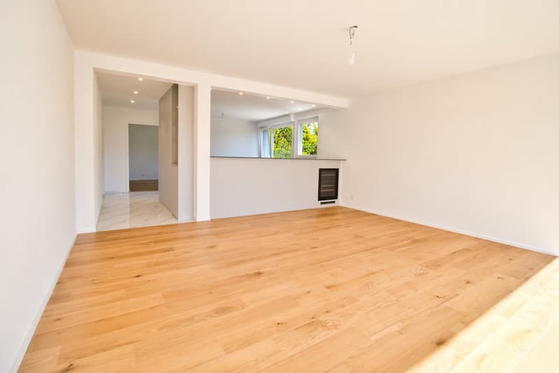 Empty room with wooden floor, white walls, and a large window.