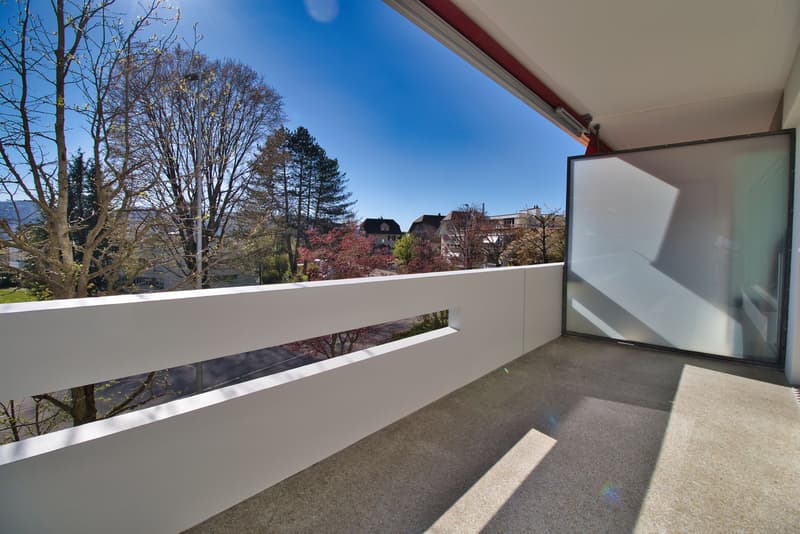 Balcony with white railings, glass door, concrete floor, view of trees and houses