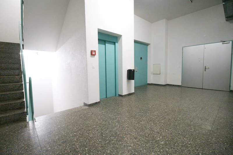Empty hallway with two elevators, stairs, and a trash bin.
