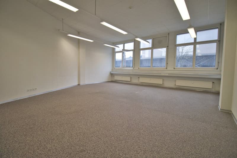 empty room, white walls, ceiling lights, large windows, carpeted floor, power outlets