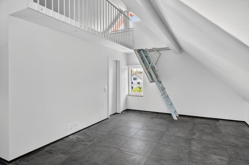 empty room, white walls, gray floor, ladder, window, skylight