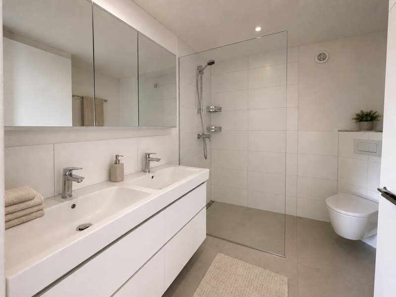 Modernes Badezimmer mit geräumigem Einbau-, Lavabo- und Spiegelschrank