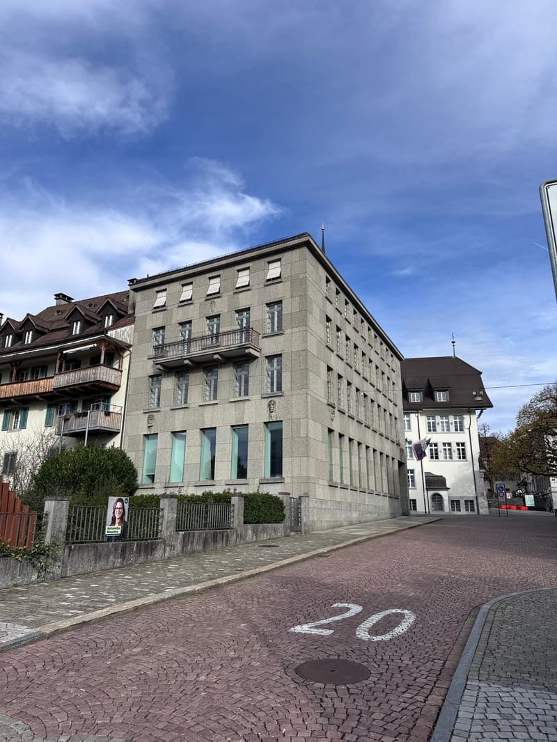 Concrete structure with large windows, multiple floors, brick building, stone pavement, flag, balcony, garden, trees