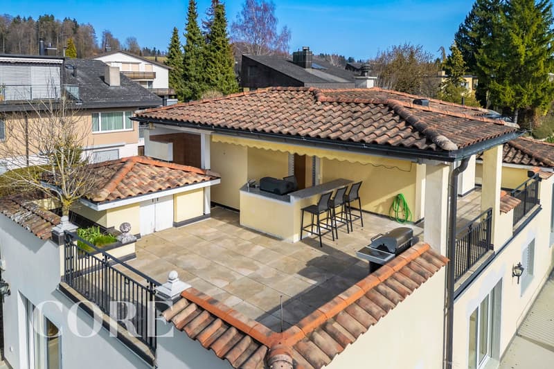 Terraced house with tiled roof, outdoor bar area, barbecue, tiled patio, balcony with railings, garden, trees