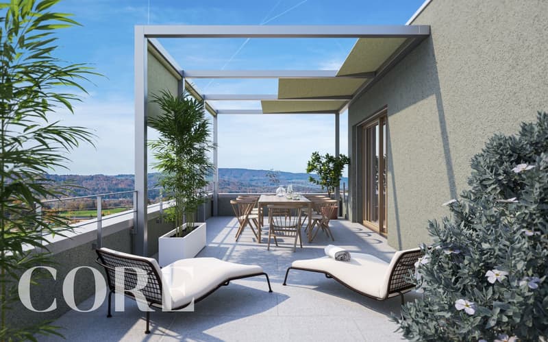 Die 60m2 Terrasse mit Pergola