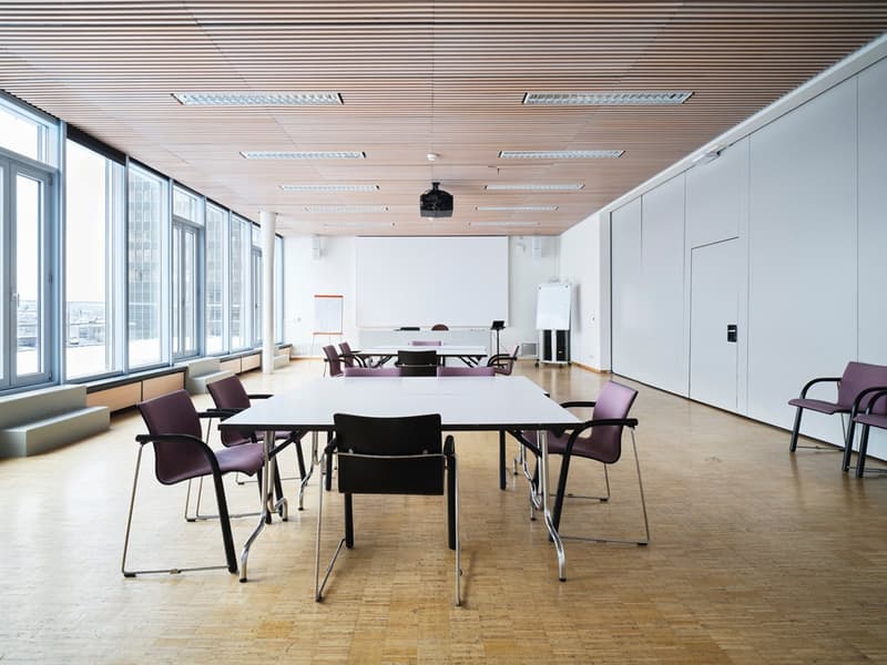 conference room, rectangular layout, white walls, wooden floor, glass windows, projector, rectangular table, chairs, whiteboard