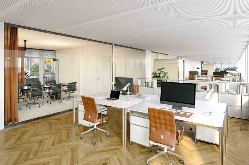 modern office, white desks, leather chairs, wooden floors, glass walls, computer monitors, lamps, shelves with books, conference table, glass doors