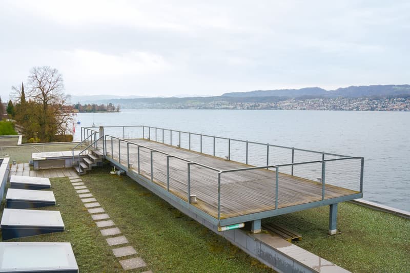 elevated wooden deck, metal railings, grass, staircase, roof, lake view, city view, mountains view