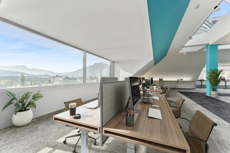 open space with long desk, large windows, computer monitors, chairs, and plants