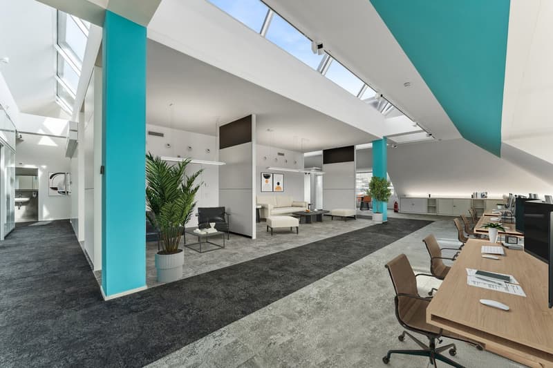 modern office space with blue and white accents, glass partition walls, multiple workstations, plants, skylights, lounge area with couch and coffee table, open ceiling design