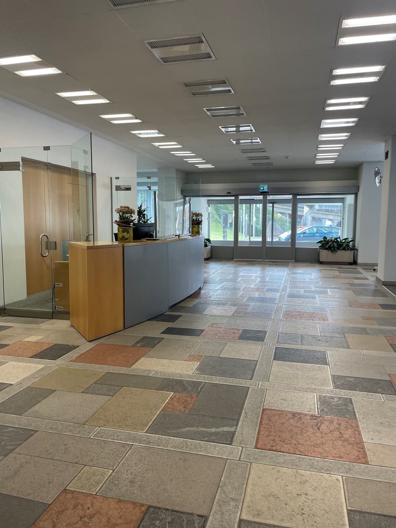 Open space with modern tiles, reception desk, glass walls, automatic doors, and double glass doors.