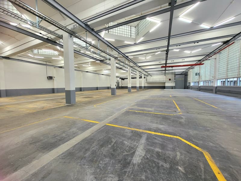 large parking area, gray concrete floor, several pillars, large windows, high ceiling