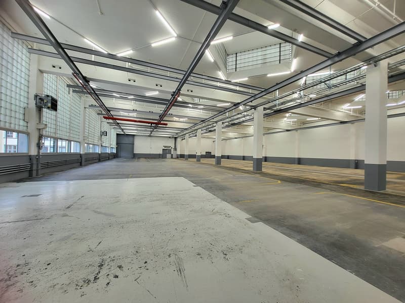 wide parking space, concrete floor, large open space, exposed beams, several pillars, glass windows