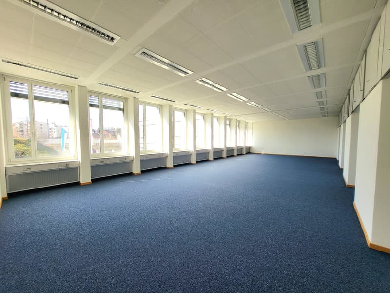 large open space, white walls, blue carpet, large windows, air conditioning vents