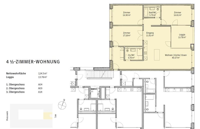 4 1/2-room apartment with 3 bedrooms, living room/kitchen/dining area, bathroom, and a balcony.